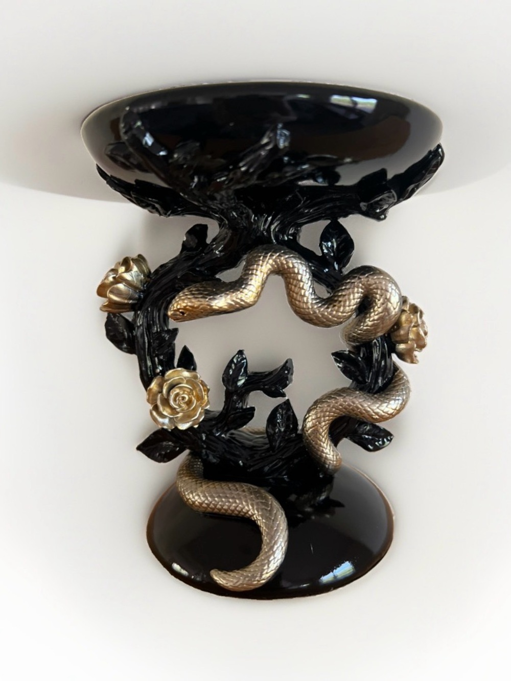 Bath & Body Works 3 Wick Gold Snake & Roses Pedestal Candle Holder Halloween NIB